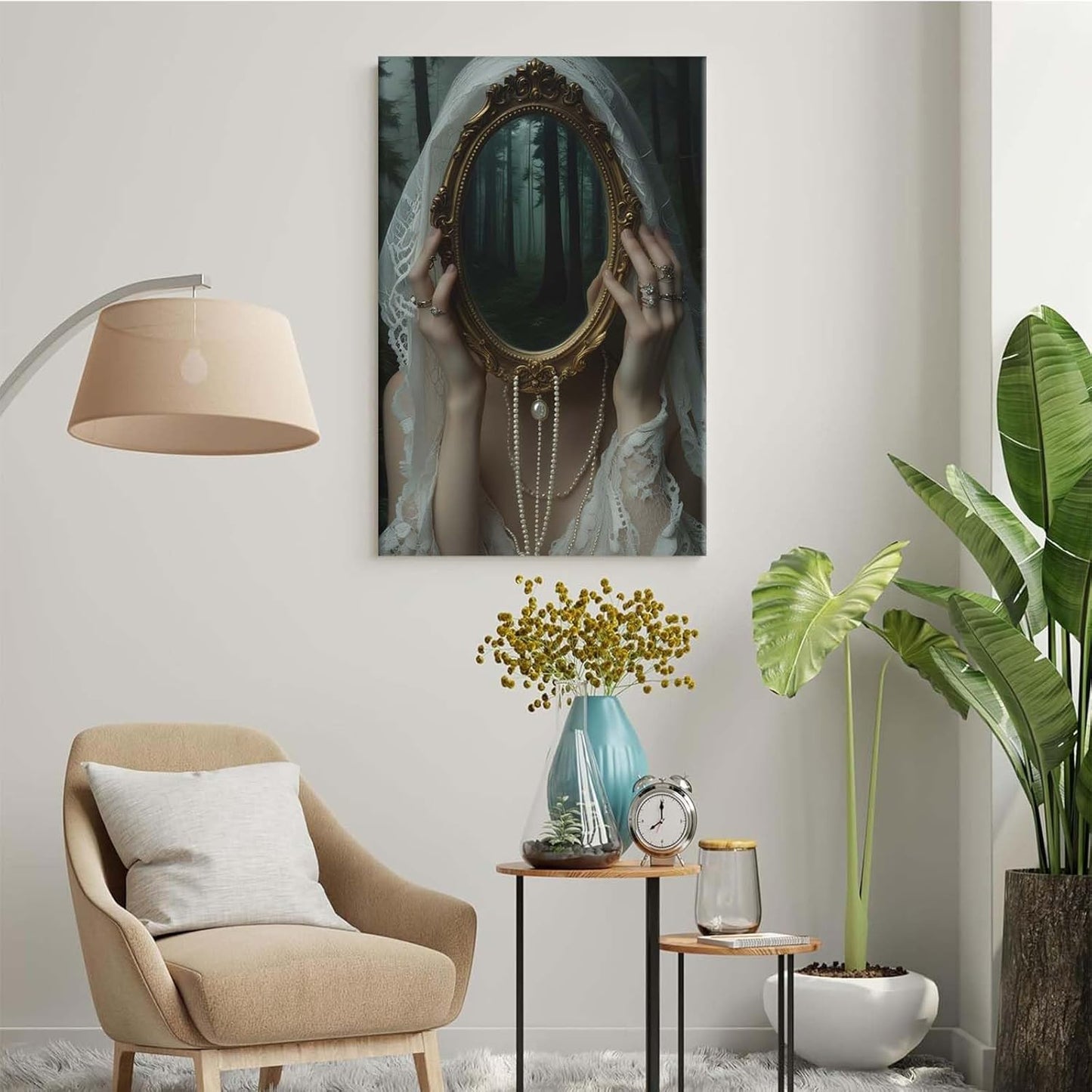 Mirror face covering dark art poster print melancholy gothic painting vintage feminine print victorian style decoration antique art16x24in Wood Framed