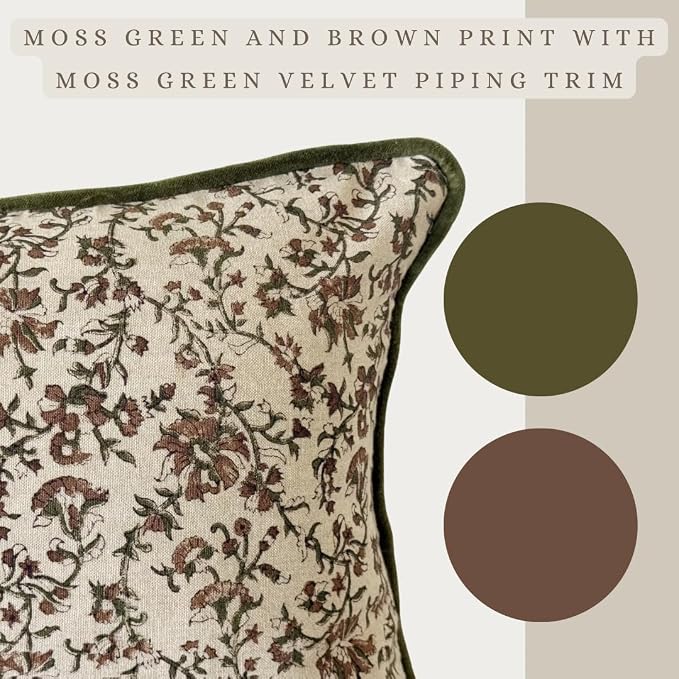 Palm & Loom 100% Cotton Linen - Long Lumbar Cushion Cover - Kavi Decorative Throw Pillow Case with Moss Green & Brown with Piping - Modern Traditional Living Room,Sofa, Bedroom Pillow Cover-14x36 Inch