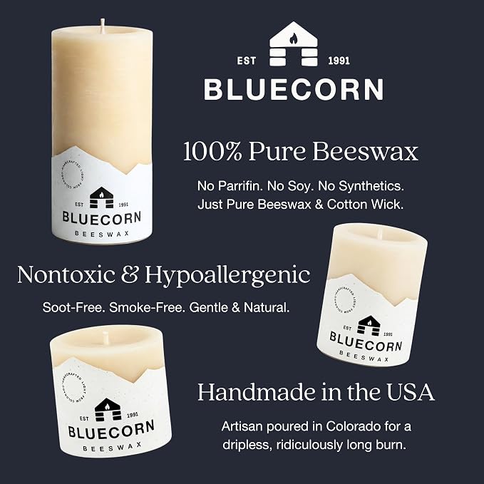 Bluecorn Beeswax Pillar Candle, Ivory White, 3x4, 1 Count | 100% Pure Natural Bees Wax, Clean Burning & Dripless, Long Lasting (60 Hrs), Paraffin, Soy & Fragrance Free, American Made