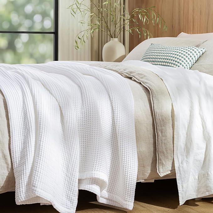 PHF 100% Cotton Waffle & Muslin Blanket King Size, Soft Breathable Luxury 400GSM Versatile Reversible Bedding for Bed, Great for Layering in Cold Weather, Home Decor Gift, 104" x 90", White