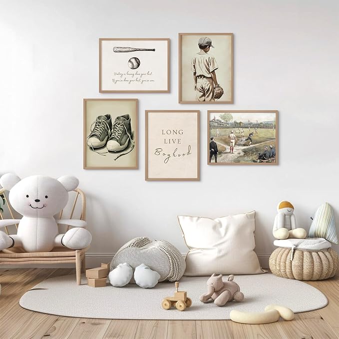 Baseball Nursery Wall Art Decor Vintage Boys Room Canvas Posters Sports Boy Pictures Baseball Vintage Nursery Painting Neutral Sport Kids Room Prints Wall Art for Bedroom 8x10x5 Inch Unframed ﻿