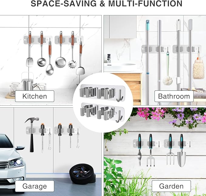 homeasy Wall Mount Mop and Broom Holder, Heavy Duty Stainless Steel Organizer Rack with Hooks | 4-Pack, 2-in-1 No Drill & Screw Installation, Silver