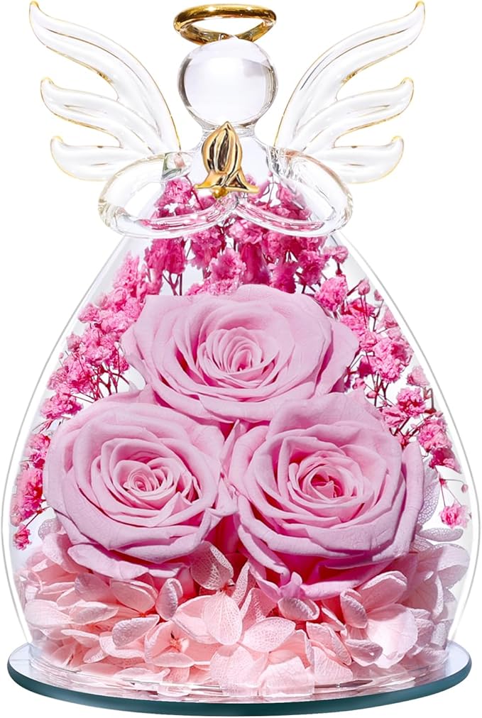 Beferr Mothers Day Mom Birthday Gifts for Women, Fresh Flowers for Delivery Forever Preserved Rose in Glass Angel Figurine, Anniversary Christian Real Rose for Grandma Nana Wife Mum from Daughter Son