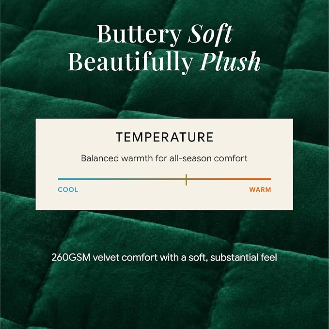 Tribeca Living Luxury Velvet Quilt Queen Size Set - 260GSM Ultra-Soft Oversized Velvet Bedspread Comforter Set with 2 Shams, in Florence Emerald Green