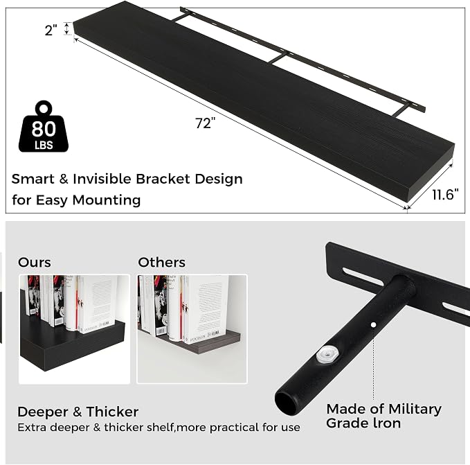 Venusmiles Floating Shelves for Wall 72 inch Long, Engineered Wood Large Wall Shelves with Invisible Brackets for Living Room Bedroom Bathroom Office Kitchen Decor and Storage, Black Finish, Set of 1