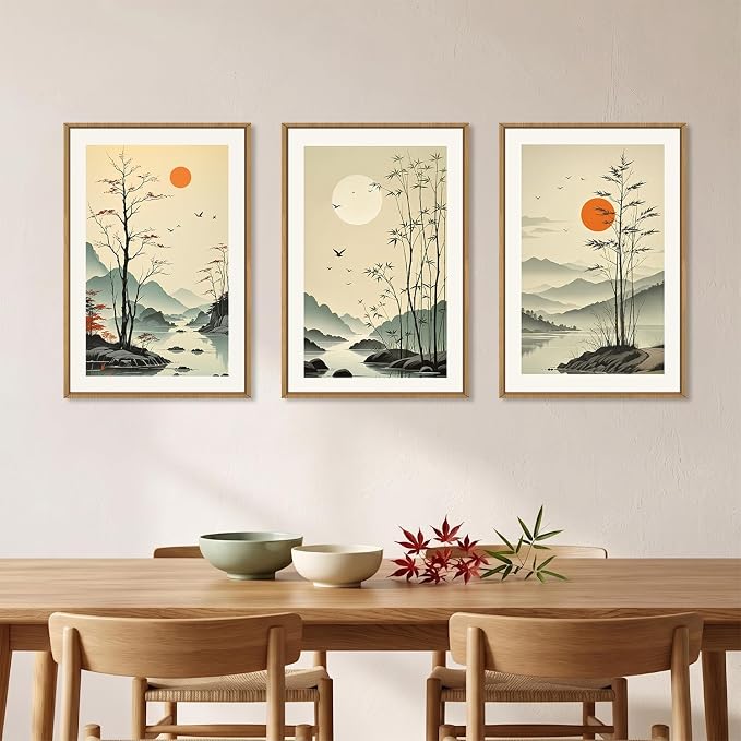 Chinoiserie Bamboo Forest Framed Canvas Wall Art Set, Nature Tree Lakes Wall Decor, Minimalist Zen Landscape Wall Painting, Watercolor Art Prints for Living Room, Bedroom, Office 24"X36"X3