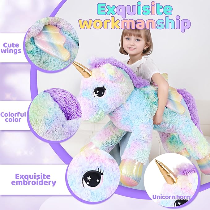 FFxiong 44 Inch Giant Rose Rainbow Unicorn Stuffed Animal Plush Toy with Wings Soft Cute Large Unicorn Plushies Animals Body Pillow Gift for Children Boy Girl Kids Birthday Valentine Room Decorations