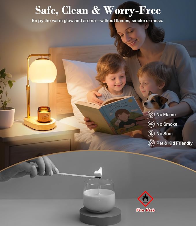 White Glass Candle Warmer Lamp Adjustable Height with Timer 2 4 8H | Warm Gold Hardware | Natural Wood Base | Dimmer Wax Melt Warmer Includes Candle and Bulbs