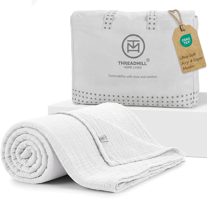 Threadmill Summer Queen Size Blanket| 4 Layer Cotton Gauze Blanket | Lightweight, Breathable, and Cozy for All Seasons | Versatile Muslin Blanket for Couch, Bed, or as a Picnic Blanket Use | White