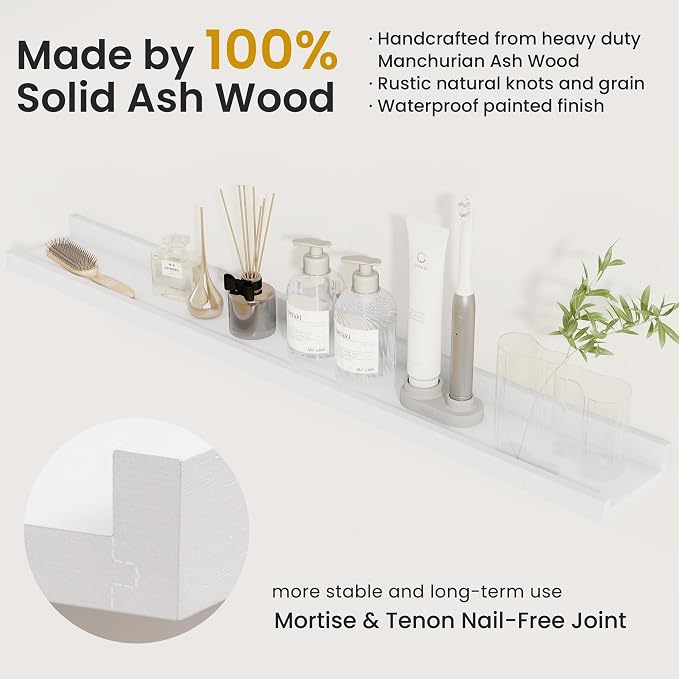 Acovy Solid Ash Wood Picture Ledge Shelf, 24 Inch, White, Set of 2 | Floating Shelves with Lip, Photo Ledge, Wall Mounted, For Nursery Bookshelf Living Room Bedroom