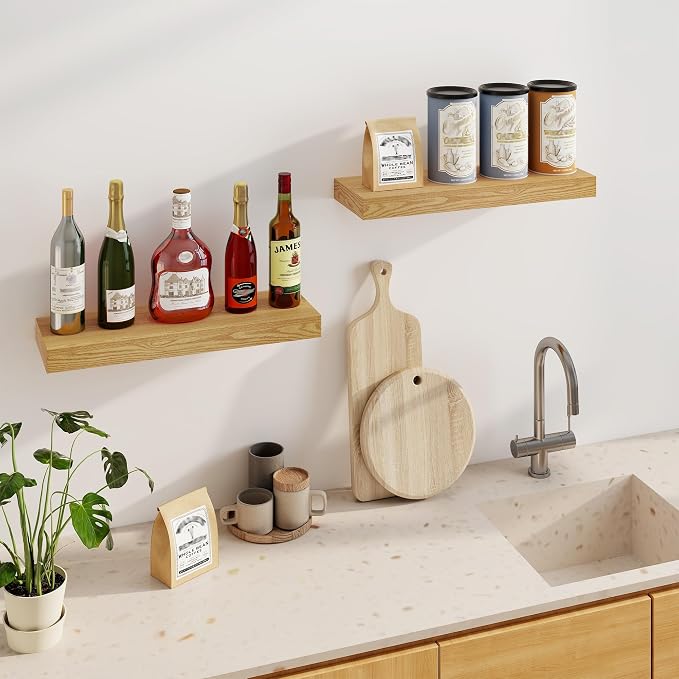 Fun Memories Floating Shelves for Wall, 24Inch Floating Shelves Set of 2, Hanging Shelf with Invisible Brackets, Wood Shelves for Living Room, Bedroom, Kitchen, Oak