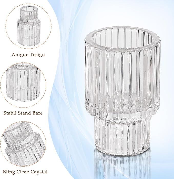 24 Packs Glass Taper Candle Holders, Clear Ribbed Candlestick Holders Bulk, Small Thick Glass Candle Stick Holders for Wedding Table Centerpieces, Party Favors, Christmas Dining Decor (24)