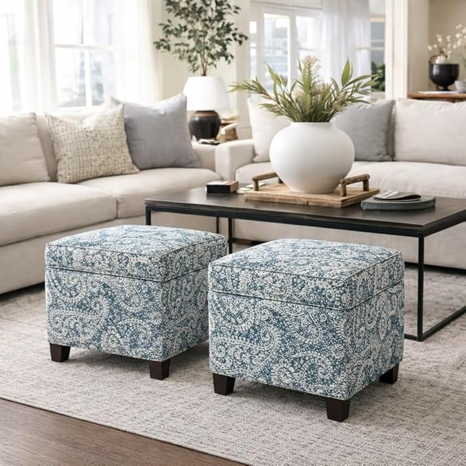 Homepop Home Décor|K7342-F2214|Classic Square Storage Ottoman with Lift Off Lid | Ottoman with Storage for Living Room & Bedroom, Gray Paisley Blue