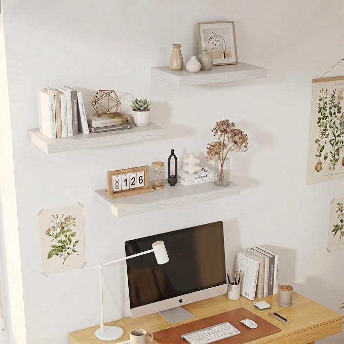 Vivelove 12 Deep Floating Shelves for Wall, 16 Inch Shelves for Room Wall Mounted, 2" Thick Floating Shelf for Living Room Bedroom Bathroom Kitchen Laundry Room, Set of 2 White Birch
