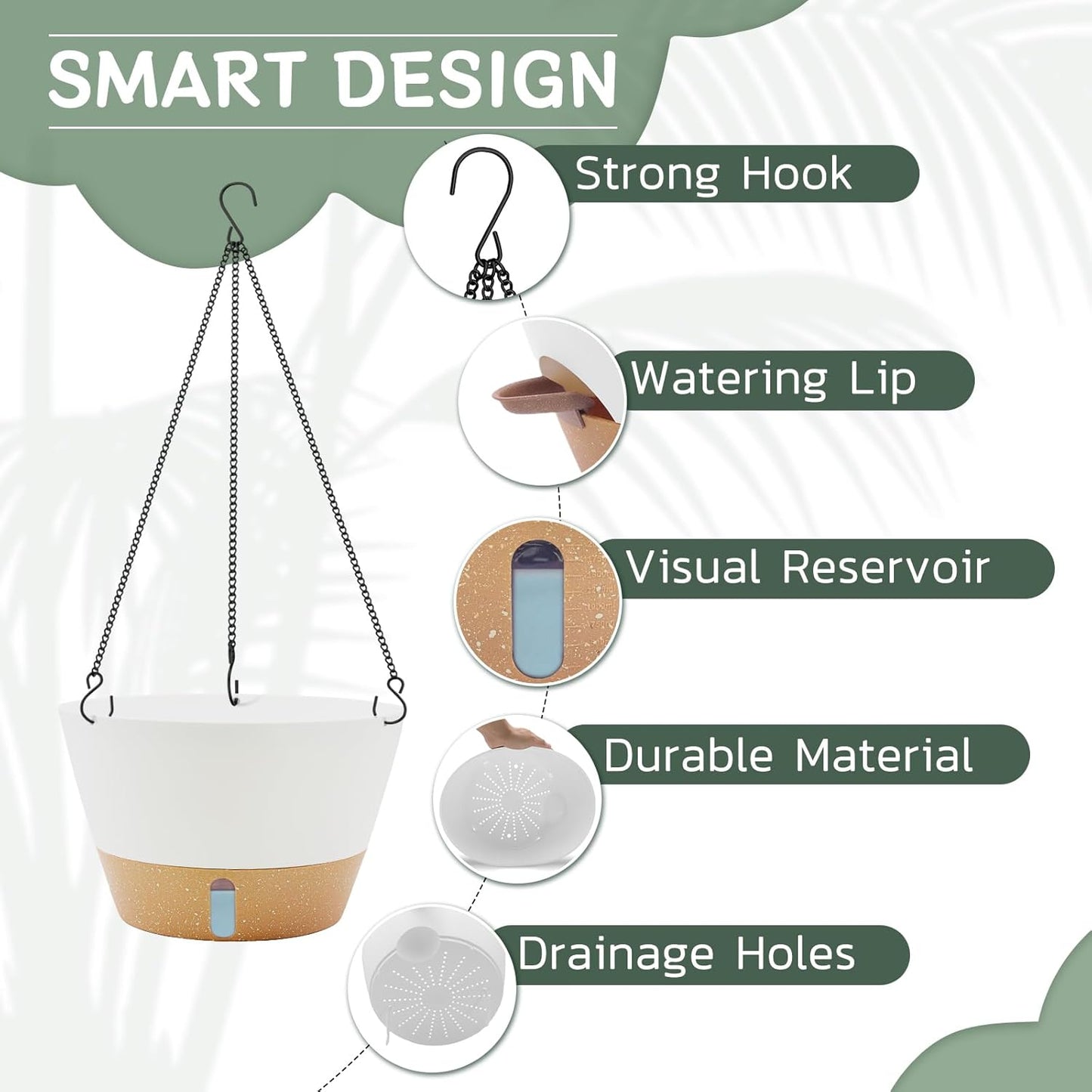 ZMTECH 12 Inch Hanging Planters for Outdoor, 2 Pack Self Watering Pots for Indoor Plants, Large Hanging Baskets for Plants Outdoor with Visual Reservoir and Drainage Hole(White)
