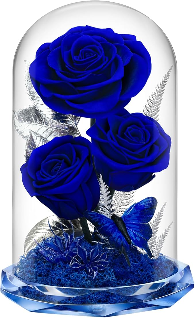 Preserved Rose in Glass Dome - Forever Flowers for Women, Mom, Wife - Birthday, Anniversary, Valentine's - Fresh Flowers for Delivery Prime (Blue)