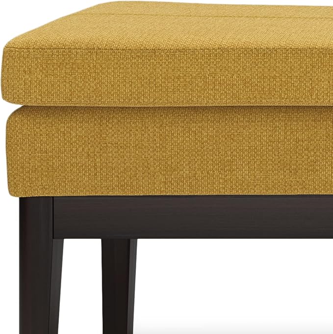 SIMPLIHOME Carlson Ottoman Bench - 45 inch Wide Upholstered Vegan Leather Rectangle Ottoman in Marigold, Mid Century Modern Bench for Bedroom, Entryway or Living Room with Padded Seat