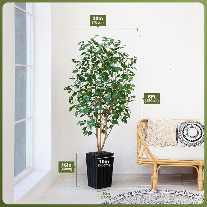 VeriNatural 6ft Artificial Ficus Tree,Tall Faux Tree with Silk Leaves & Real Wood Trunk,UV Resistant Potted Fake Plant with Pebbles & Planter-Indoor Outdoor Floor Plant for Home Living Room,VN129