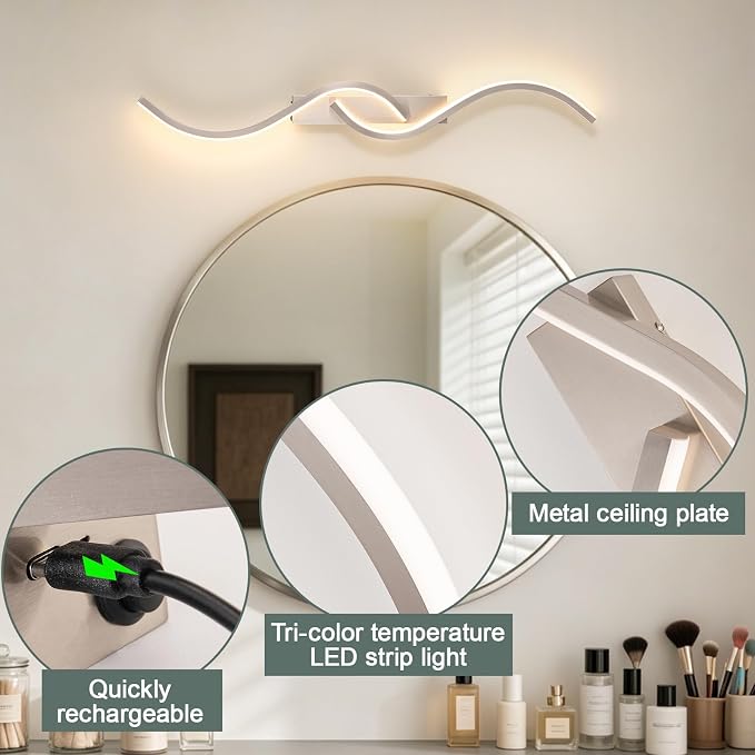 Modern Battery Operated Wall Sconces, Rechargeable Wall Sconces, 3000K-6500K LED Wireless Wall Light, Modern Wall Lamp not Hardwired for Living Room Bedroom Hallway -39.37 in (Nickel)