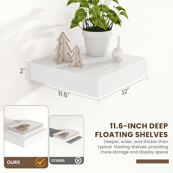 FLYJOE 12 Inch Floating Shelves, White Square Floating Shelves Set of 2, 12''W x 12''D Wood Shelves for Wall, Deep Shelves for Bathroom Living Room, Engineered Wood, Mounting Hardware Included