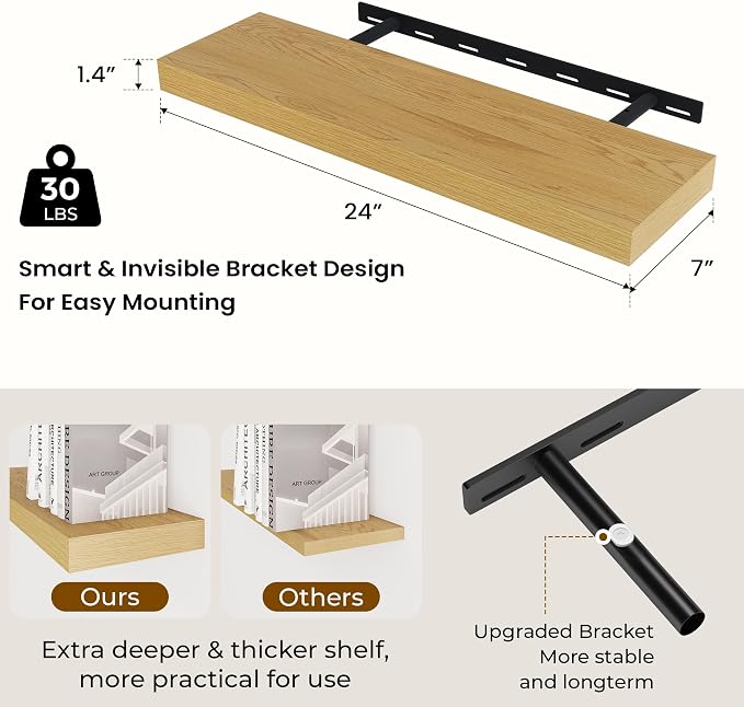 Dreamland 24Inch Floating Shelves 6.7" Deep Wall Mounted Set of 2 Oak | Wall shelves for bathroom, bedroom, kitchen, deep wall mount wood storage display for home decor 24" x 6.7"