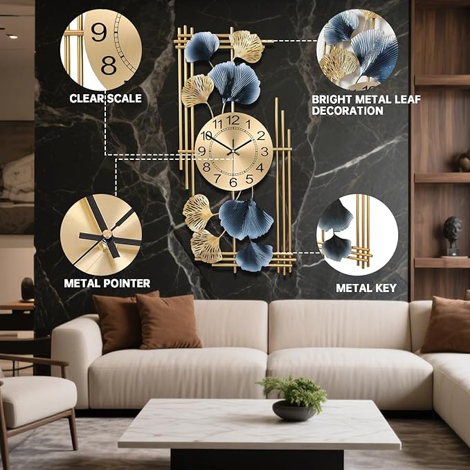 Large Wall Clocks for Living Room, Silent Non Ticking Battery Operated Oversized Square Modern Wall Clock for Bedroom Kitchen Farmhouse Office Home Wall Decor-12.3x28.4Inch(Ginkgo Leaf)