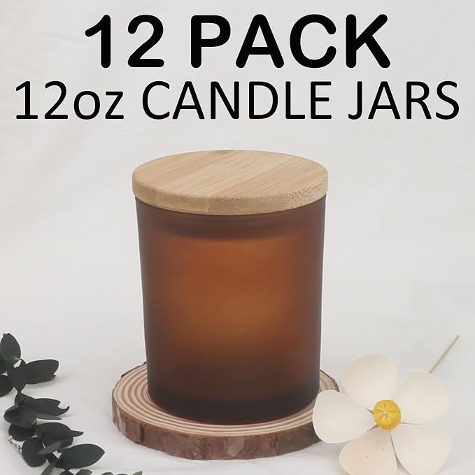 MILIVIXAY 12Pack 12 OZ Frosted Amber Thick Glass Candle Jars with Lids - Bulk Empty Candle Jar for Making Candles - Spice, Powder Containers.
