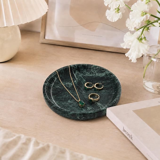 Small Natural Marble Jewelry Tray Key Plate Holder Dish Trinket Decor Catch All Bowl for Ring Earring Stone Gift for Women Daugther,Verde Alpi Green,5.5"