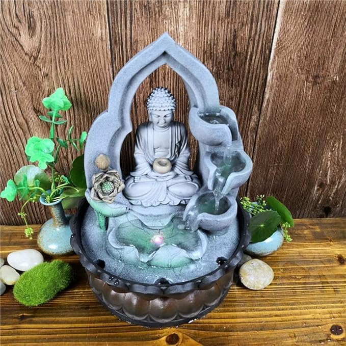 Buddha Tabletop Waterfall Fountain Fengshui Meditation Relaxing Indoor Decoration, Waterfall Kit with Circular Water Flow for Home, Office, Bedroom Decoration
