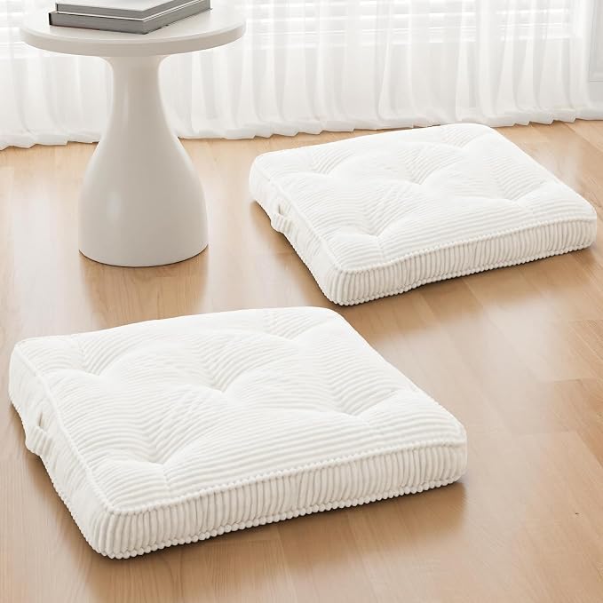 Meditation Floor Cushion Set of 2, 22x22 Tufted Floor Pillow for Adults, Square Large Meditation Cushion Pillow, Corduroy Sitting Pillow with Handle, Yoga Seating for Tatami, Beige
