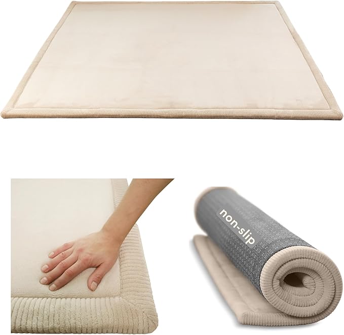 Hakuna Matte CloudSoft Mat for Floor 60" x 80" Beige – Coral Velvet Memory Foam Rug – Non-Slip, Water-Resistant