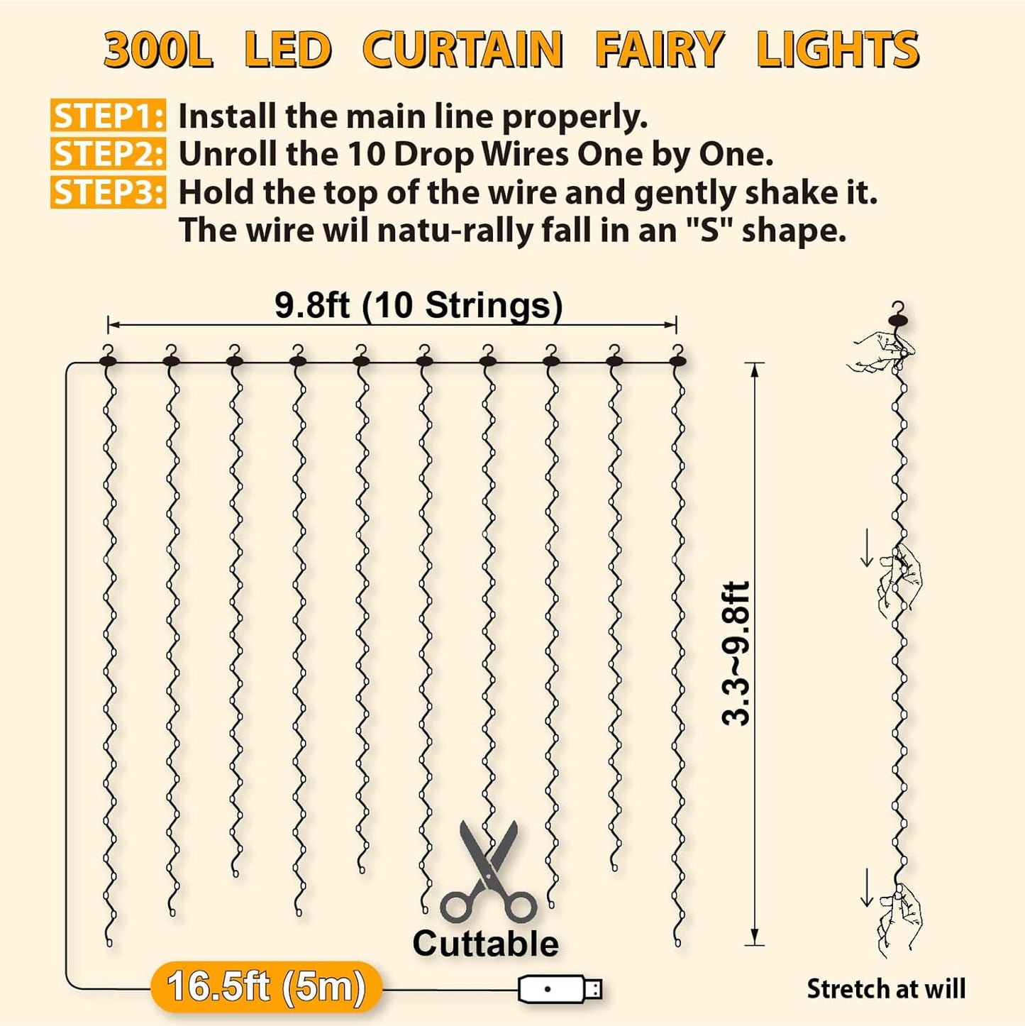 HXWEIYE 300LED Fairy Curtain Lights, 9.8x9.8Ft Warm White USB Plug in 8 Modes Christmas String Hanging Lights with Remote for Bedroom, Indoor, Outdoor, Weddings, Party