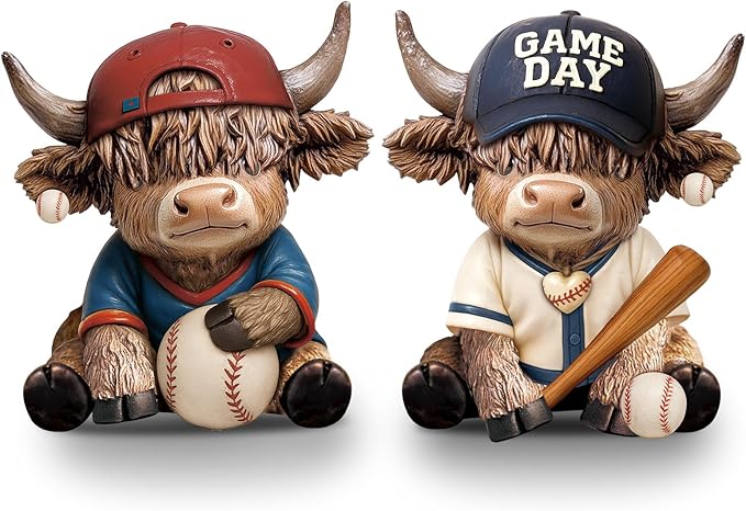 Wesiti 2 Pcs Baseball Highland Cow Figurines Decor, Cute Sport Resin Cow Statue with Bat and Ball, Baseball Fan Gifts for Adults Coaches Team Decor