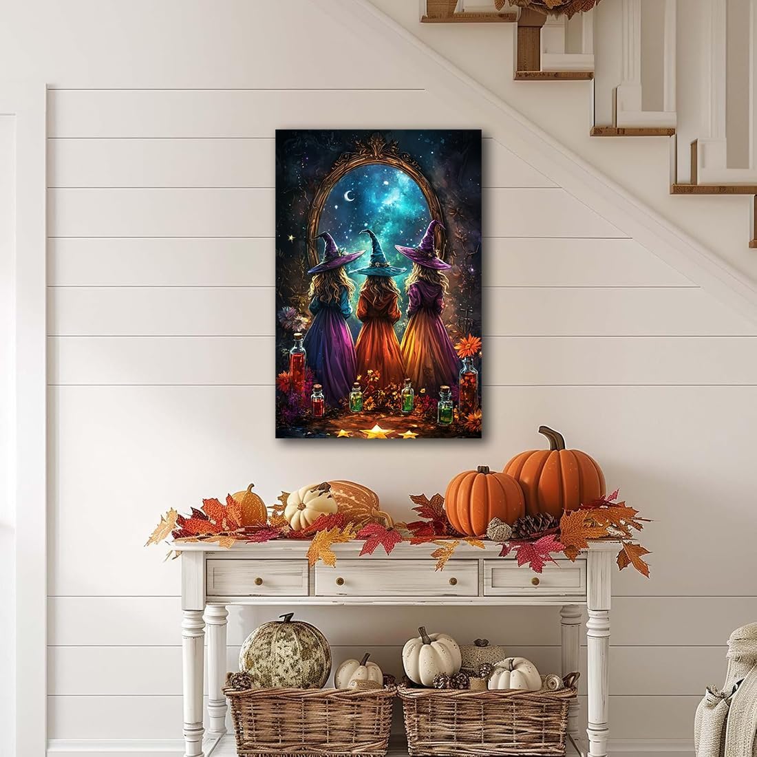 Witch Poster Halloween Fall Wall Art Decor,Three Witches with Magic Potion Mirror Colorful Vintage Print,Dark Academia Spooky Canvas Art Prints for Home Living Room,12"x18" Framed