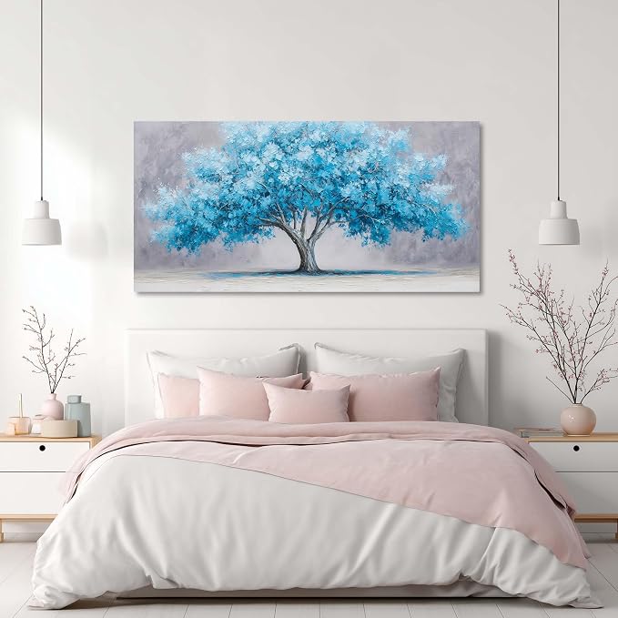 Ggaafet Blue Tree Wall Art for Living Room Canvas Oil Painting Prints Beautiful Tree of Life Art Deco Modern Artwork Office Bedroom Family Dining Room Decor Large
