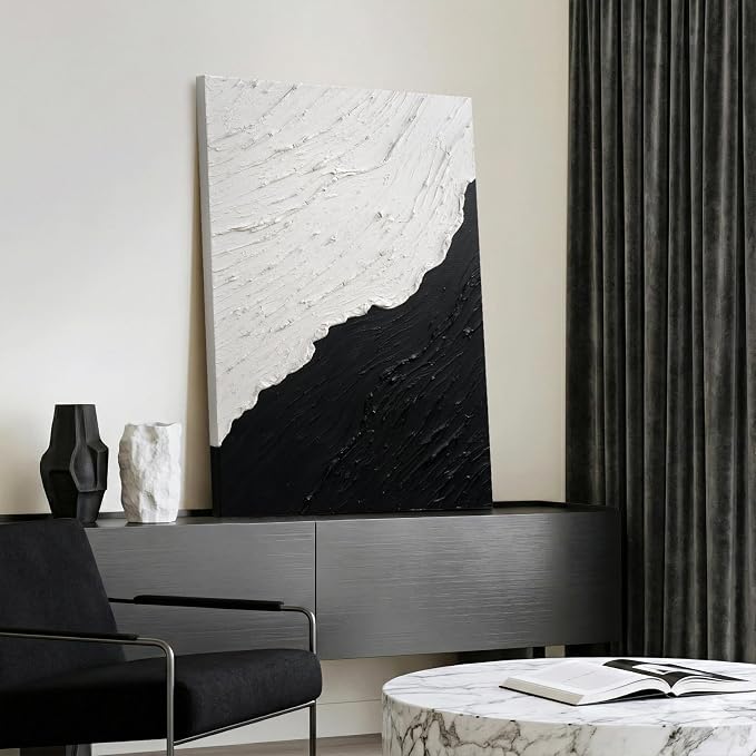 Black & White Abstract Ocean Canvas Wall Art Vertical Textured Oil Painting | Modern Minimalist Neutral Artwork for Office Bedroom Dining Room Decor, Hand-Painted Wall Decor for Living Room, 24x36 In