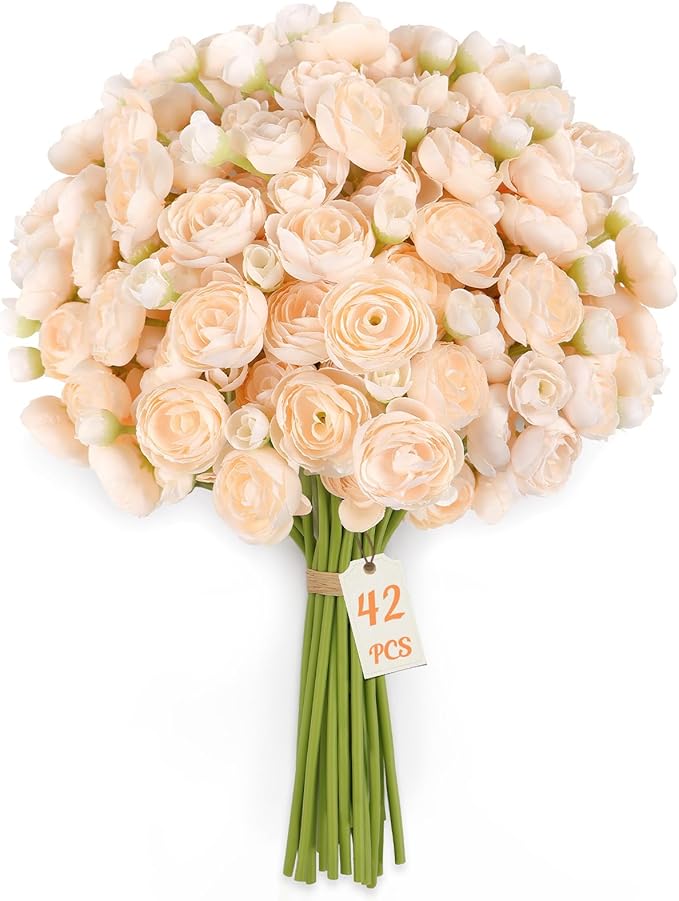 Alupssuc 42Pcs Ranunculus Artificial Flowers Faux Silk Mini Ranunculus, Spring Flowers Artificial Indoor for DIY Bouquets, Bulk Fake Wedding Filler Flowers for Bride Decorations & Arrangements, Cream