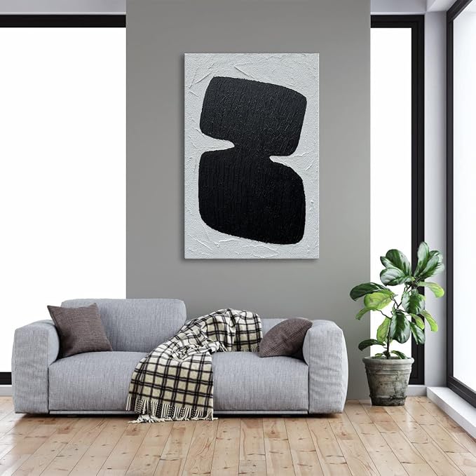 zoinart Hand Painted Black and White Textured Wall Art 24x36 Inches Decorative Oil Paintings on Canvas Abstract Contemporary Art Minimalist Wall Decor
