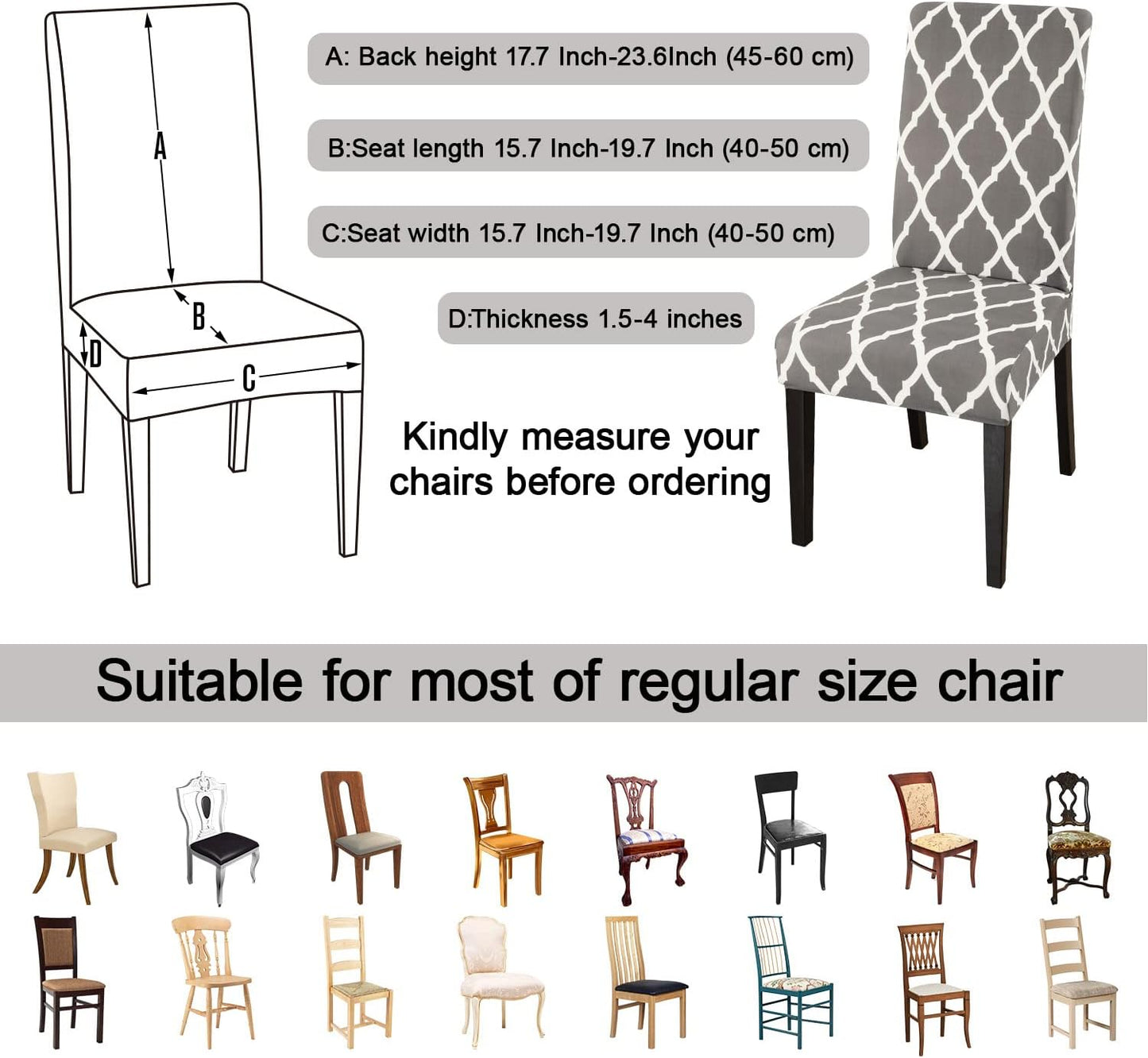 JQinHome Chair Covers for Dining Room 6 Pack, High Stretch Removable Washable Parsons Chair Slipcover for Home Party Hotel Wedding Ceremony (Grey White)