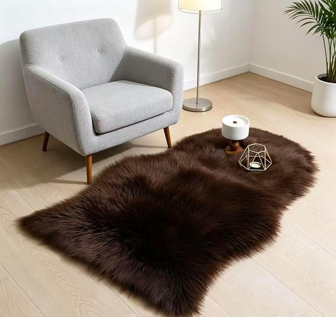 Faux Fur Rug 2 x 3 ft Sheepskin Shaggy Fuzzy Coffee Area Rug Super Soft Fluffy Plush Carpet for Bedroom Living Room Sofa Floor Kids Room Bedside