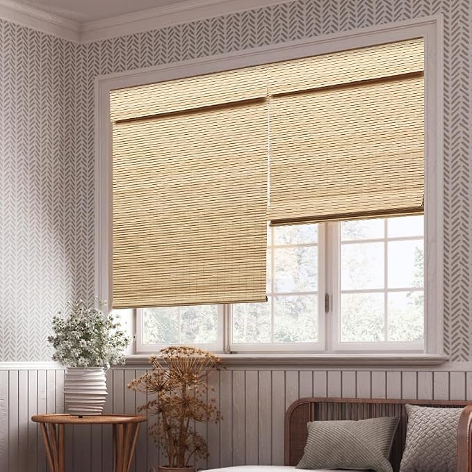 LUCKUP Cordless Bamboo Roman Blinds Shades for Indoor Windows-Blackout Room Darkening Roman Blinds with 6" Valance Cover Enhanced Privacy, 42" W x 64" H