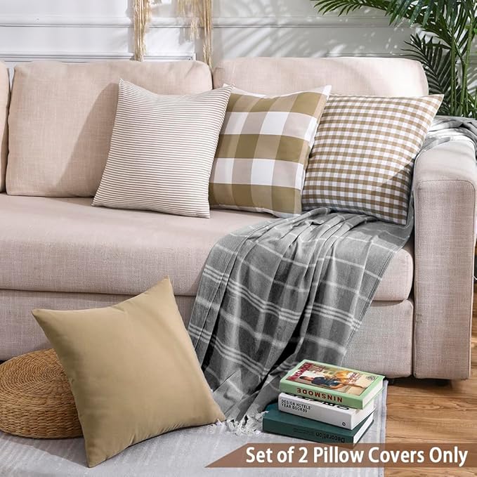 CARRIE HOME Brown Gingham Checkered Throw Pillow Covers 18x18 Set of 2, Neutral Modern Farmhouse Dark Brown Khaki Outdoor Pillows 18 x 18 for Porch Patio Furniture (No Pillow Inserts)