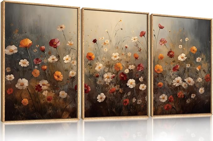 KAIRNE Moody Colorful Wildflower Framed Canvas Wall Art Set,Vintage Daisy Floral Wall Decor,Watercolor Flowers Art Prints,Rustic Botanical Artwork for Living Room,Bedroom,Farmhouse,Office-16 x24 x3