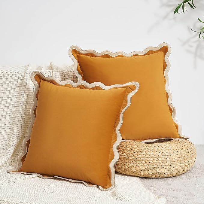MONDAY MOOSE Decorative Throw Pillow Covers Cushion Cases, Set of 2 Soft Velvet Scalloped Wavy Edge Designs, Mix and Match for Home Decor, Pillow Inserts Not Included (18x18 inch, Cream/Honey)