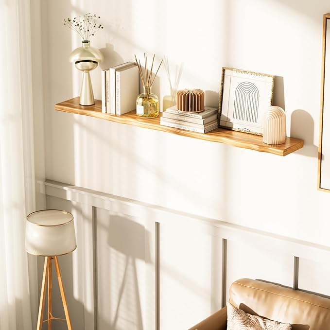 Floating Shelves for Wall Rustic Farmhouse 55 Inch Floating Shelf Bathroom Wooden Shelves for Wall Mounted Live Edge Pine Shelf with Unique Natural Grain for Living Room Bedroom Kitchen (Natural)