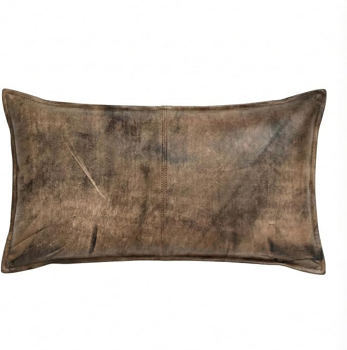 Genuine Leather Pillow Cover Case for Lumbar Throw Couch Pillows - Modern Farmhouse Decorative Sofa Thick & Soft Cushion Covers (Jungle Distressed, 12" x 20")