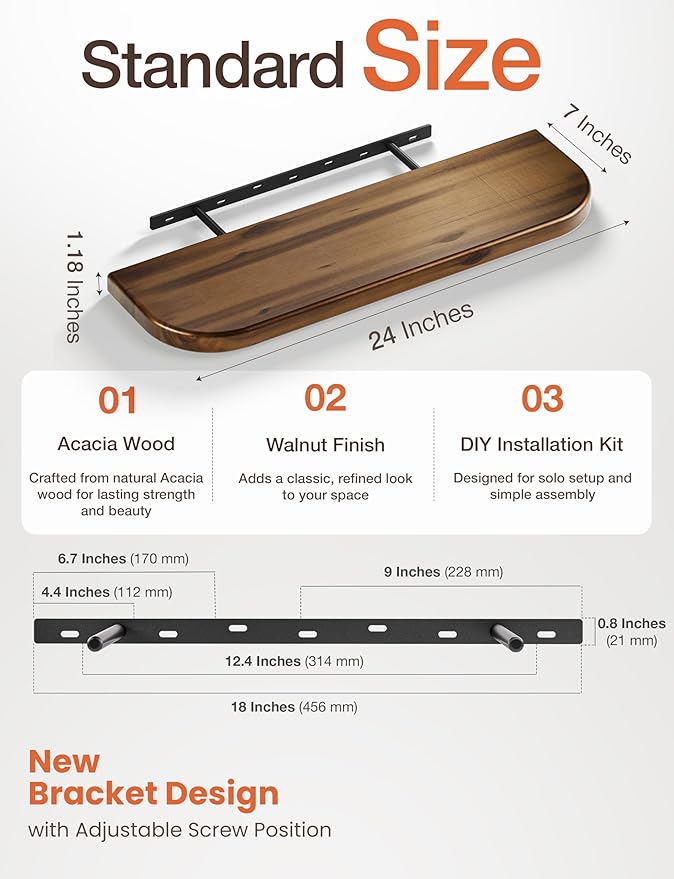BATODA Set of 2 24” Acacia Floating Shelves for Wall (Round Edge) - Floating Bookshelf Wall - Storage Wood Shelves for House Decor, Kitchen, Bathroom - Brackets and Hardware Included (Walnut Color)