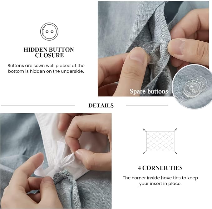 Simple&Opulence 100% Linen Duvet Cover Set, 3 PCS Natural French Flax Dusty Blue Ruffle Duvet Cover Queen Size, Breathable Comfy Linen Bedding Comforter Cover with 2 Pillowcases(Dusty Blue, 88" X 92")