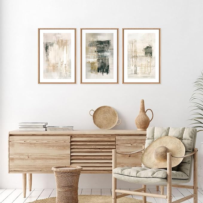 Modern Abstract Framed Canvas Wall Art Set, Minimalist Neutral Wall Decor, Textured Stroke Art Prints, Beige Black White Painting for Living Room, Bedroom, Office -24''x36''x3