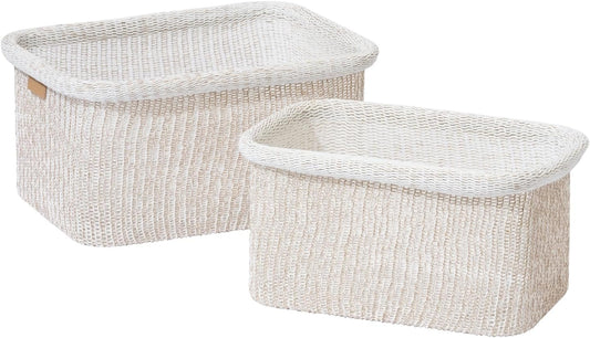 La Jolie Maison Blended Fabric Storage Baskets Set of 2, Rectangle Knitted Baskets for Organizing, Boho Decorative Baskets, Durable Finish, Oatmeal